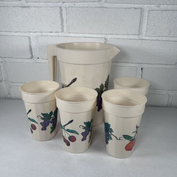 Vintage Packerware Pitcher And 4 Cups Cottagecore Country Fruits - Picture 9 of 9
